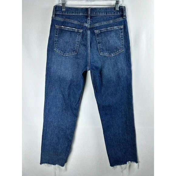 GAP Cheeky Straight High Rise Cropped Jeans 10R/31 Dark Wash Raw Hem Button Fly - Picture 3 of 13